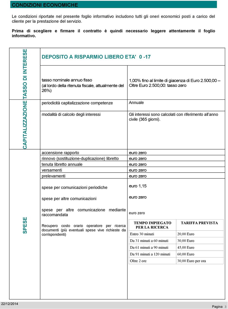 TASSO DI INTERESE CAPITALIZZAZIONE DEPOSITO A RISPARMIO LIBERO ETA' 0-17 tasso nominale annuo fisso (al lordo della ritenuta fiscale, attualmente del 26%) periodicità capitalizzazione competenze