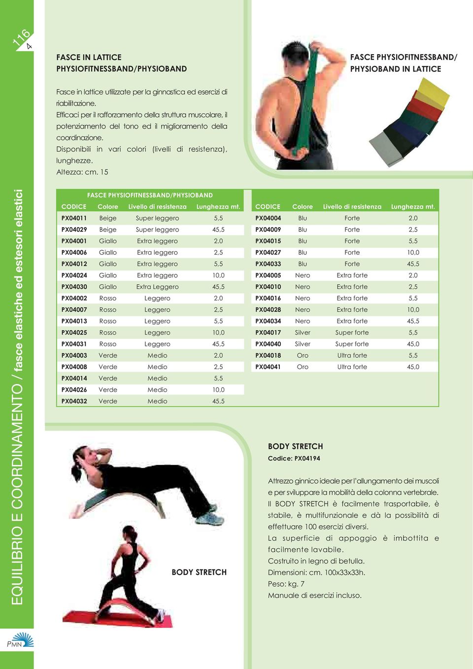 15 EQUILIBRIO E COORDINAMENTO / fasce elastiche ed estesori elastici FASCE PHYSIOFITNESSBAND/PHYSIOBAND CODICE Colore Livello di resistenza Lunghezza mt.