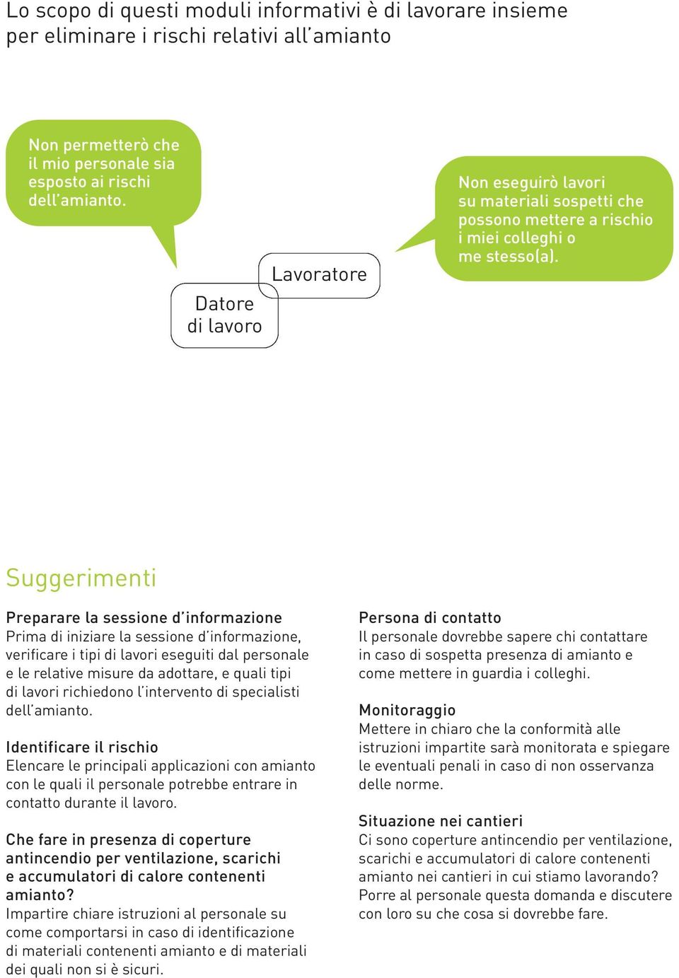 Suggerimenti Preparare la sessione d informazione Prima di iniziare la sessione d informazione, verificare i tipi di lavori eseguiti dal personale e le relative misure da adottare, e quali tipi di