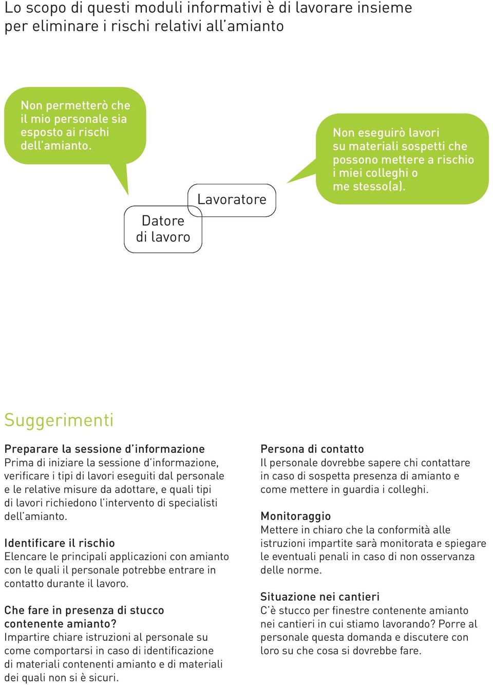 Suggerimenti Preparare la sessione d informazione Prima di iniziare la sessione d informazione, verificare i tipi di lavori eseguiti dal personale e le relative misure da adottare, e quali tipi di