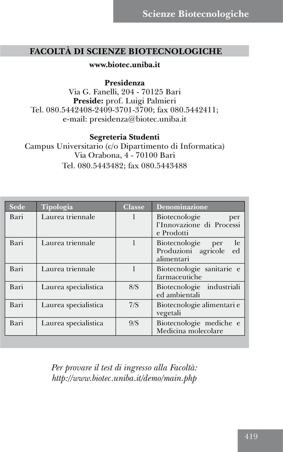 5443488 Sede Tipologia Classe Denominazione Bari Laurea triennale 1 Biotecnologie per l Innovazione di Processi e Prodotti Bari Laurea triennale 1 Biotecnologie per le Produzioni agricole ed