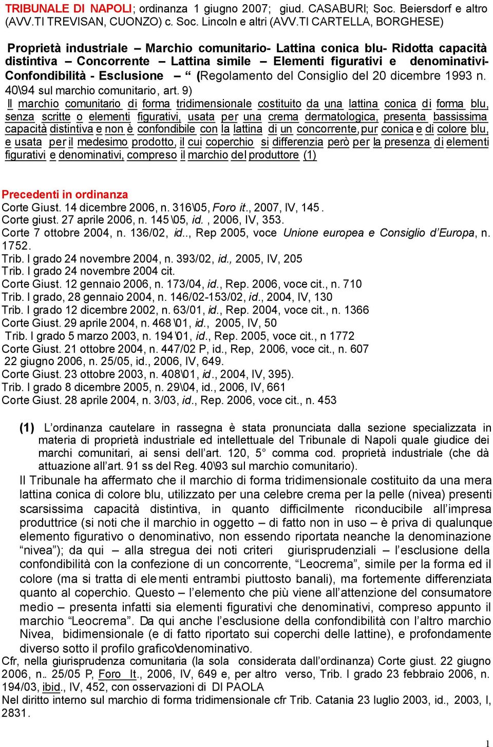 Esclusione (Regolamento del Consiglio del 20 dicembre 1993 n. 40\94 sul marchio comunitario, art.