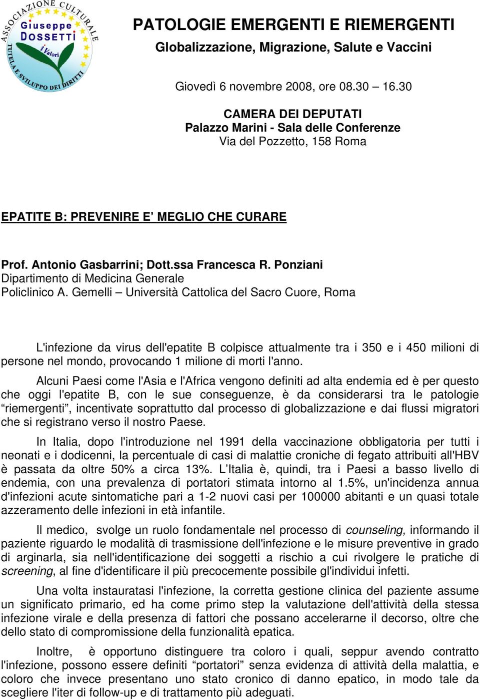 Ponziani Dipartimento di Medicina Generale Policlinico A.