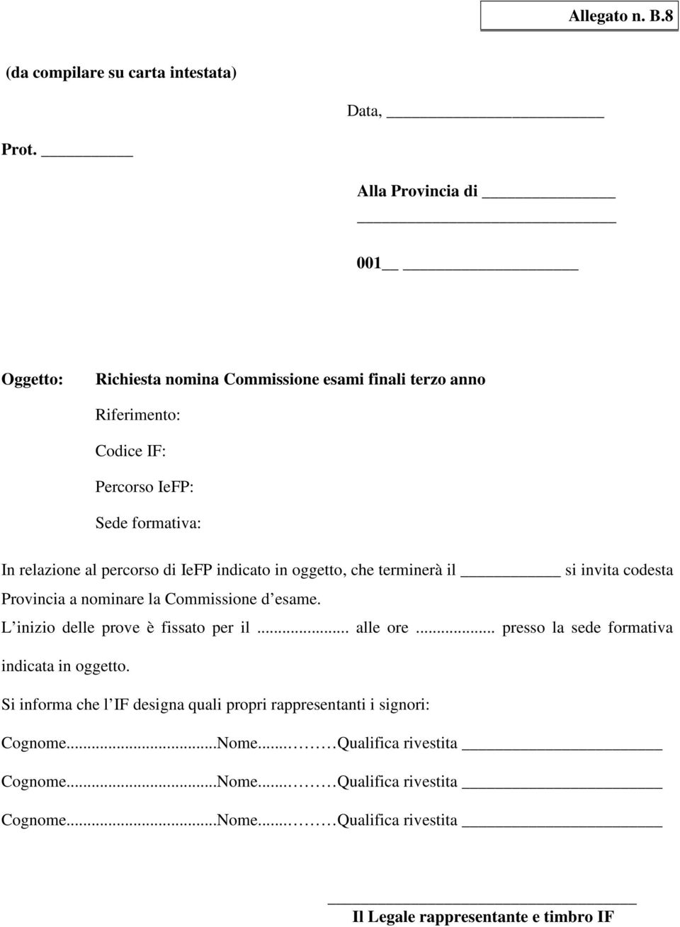 percorso di IeFP indicato in oggetto, che terminerà il si invita codesta Provincia a nominare la Commissione d esame. L inizio delle prove è fissato per il.