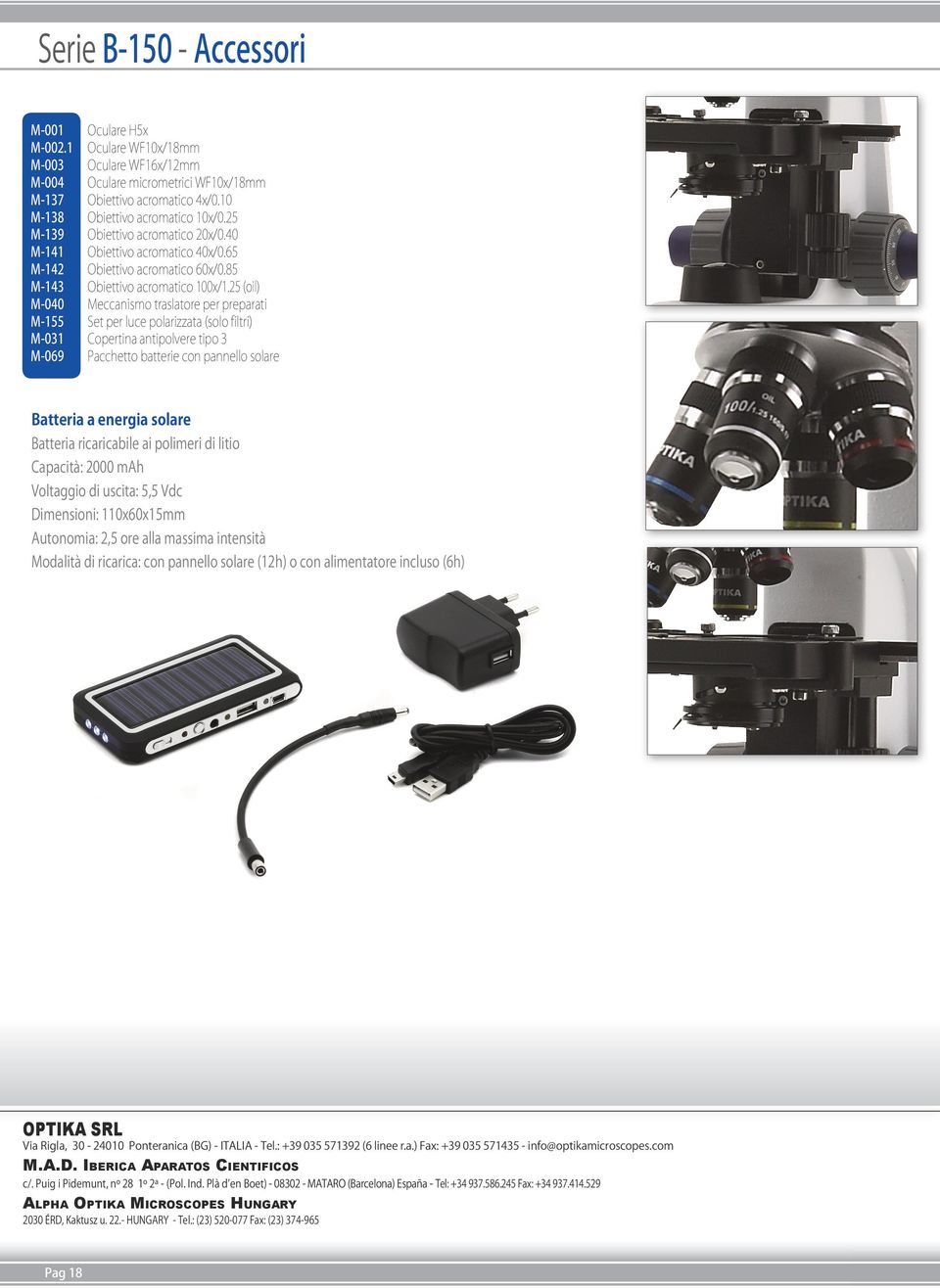 25 (oil) M-040 Meccanismo traslatore per preparati M-155 Set per luce polarizzata (solo filtri) M-031 Copertina antipolvere tipo 3 M-069 Pacchetto batterie con pannello solare Batteria a energia