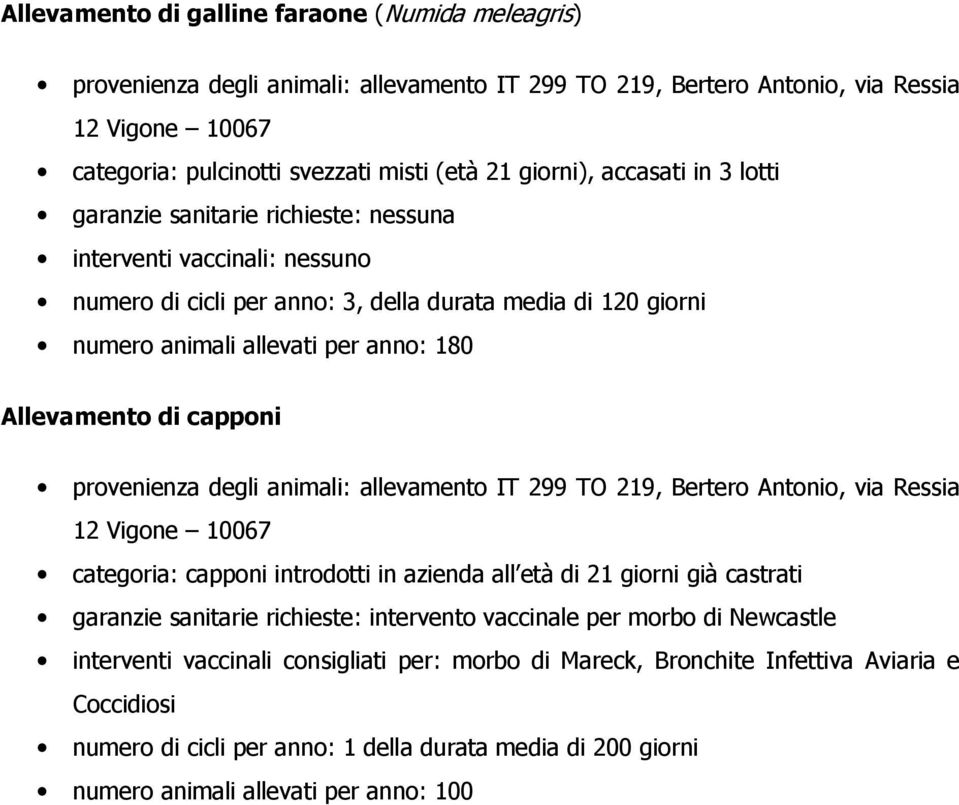 Allevamento di capponi provenienza degli animali: allevamento IT 299 TO 219, Bertero Antonio, via Ressia 12 Vigone 10067 categoria: capponi introdotti in azienda all età di 21 giorni già castrati