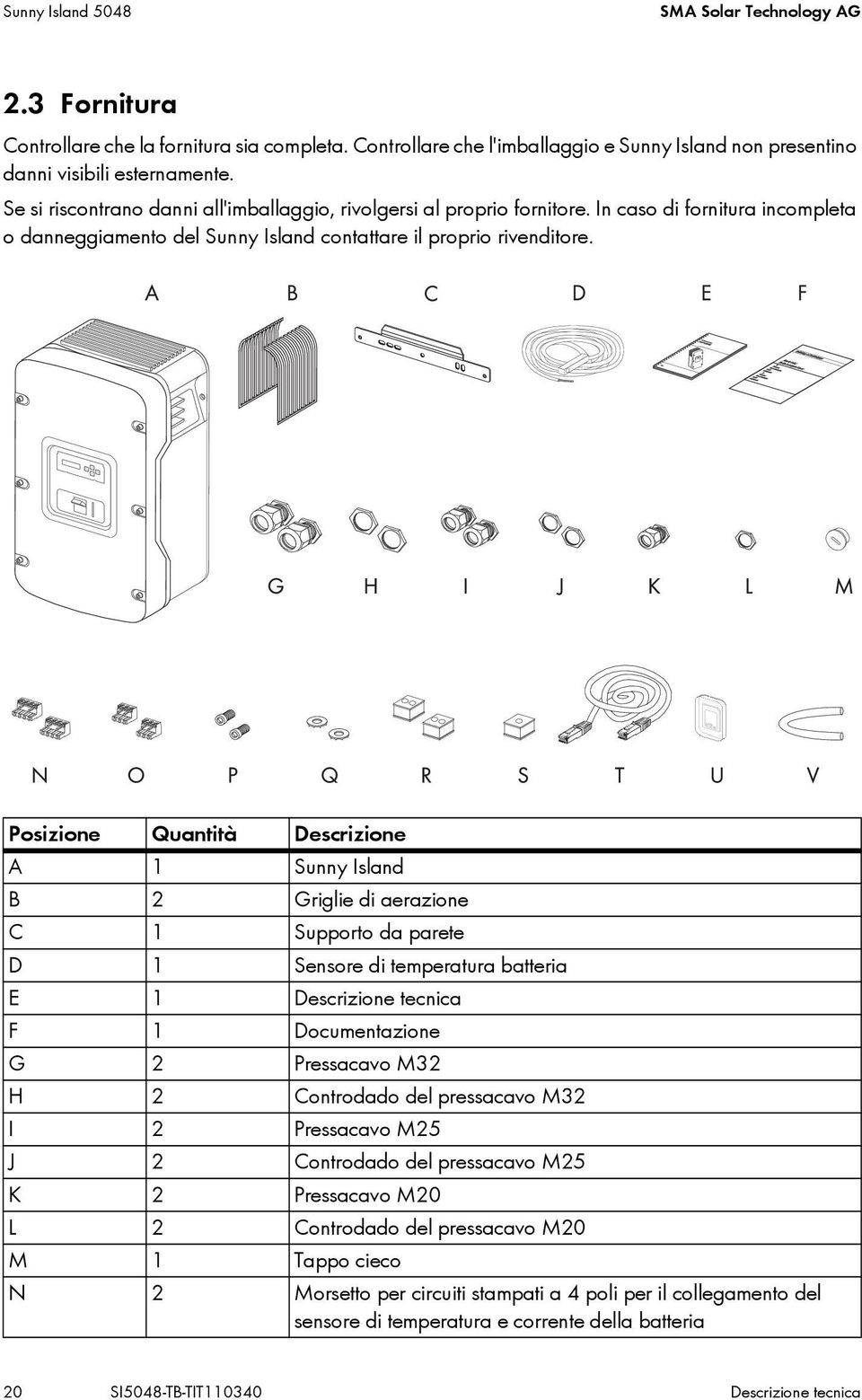 Posizione Quantità Descrizione A 1 Sunny Island B 2 Griglie di aerazione C 1 Supporto da parete D 1 Sensore di temperatura batteria E 1 Descrizione tecnica F 1 Documentazione G 2 Pressacavo M32 H 2