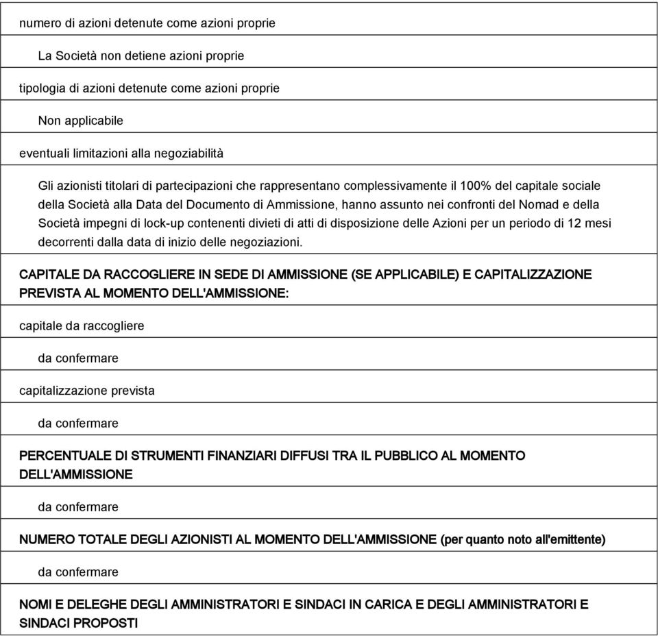 Società impegni di lock-up contenenti divieti di atti di disposizione delle Azioni per un periodo di 12 mesi decorrenti dalla data di inizio delle negoziazioni.