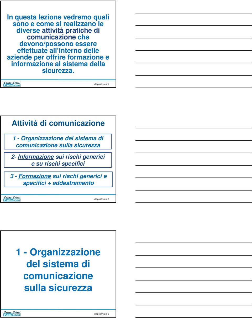 4 Attività di comunicazione 1 - Organizzazione del sistema di comunicazione sulla sicurezza 2- Informazione sui rischi generici e su rischi