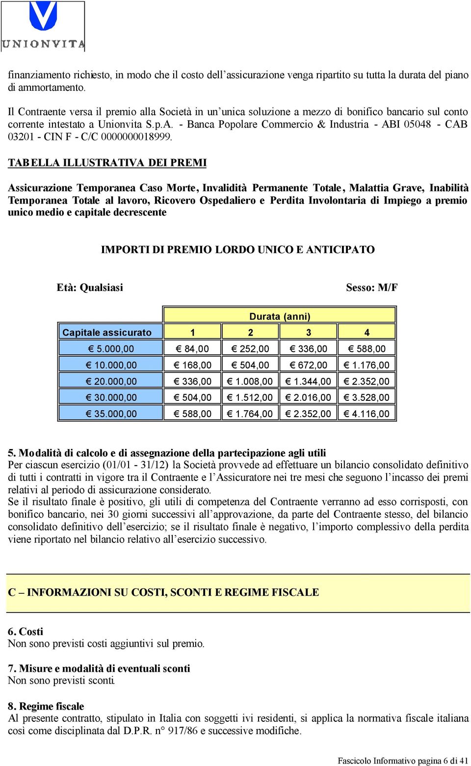 - Banca Popolare Commercio & Industria - ABI 05048 - CAB 03201 - CIN F - C/C 0000000018999.
