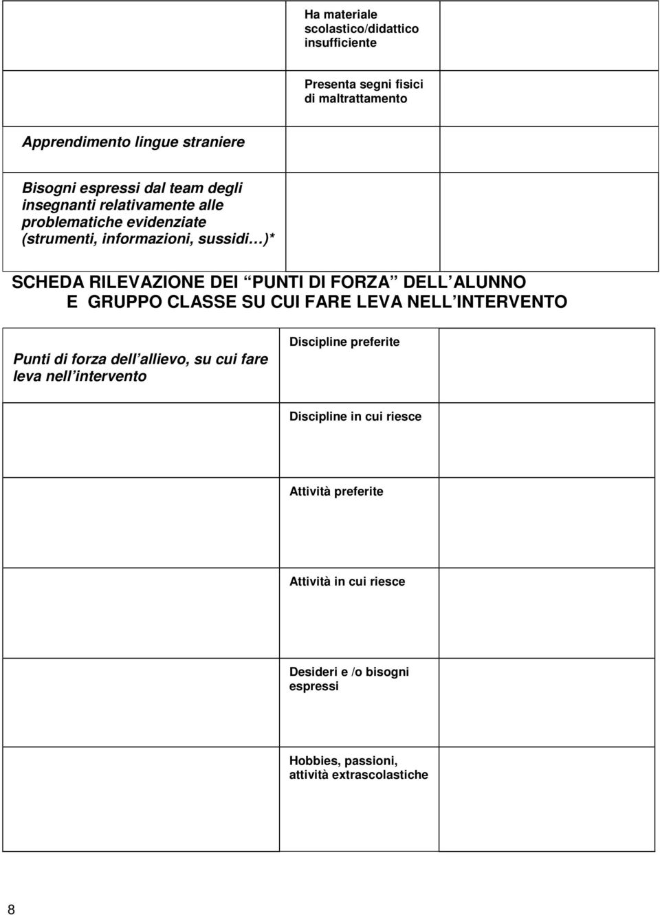 DELL ALUNNO E GRUPPO CLASSE SU CUI FARE LEVA NELL INTERVENTO Punti di forza dell allievo, su cui fare leva nell intervento Discipline