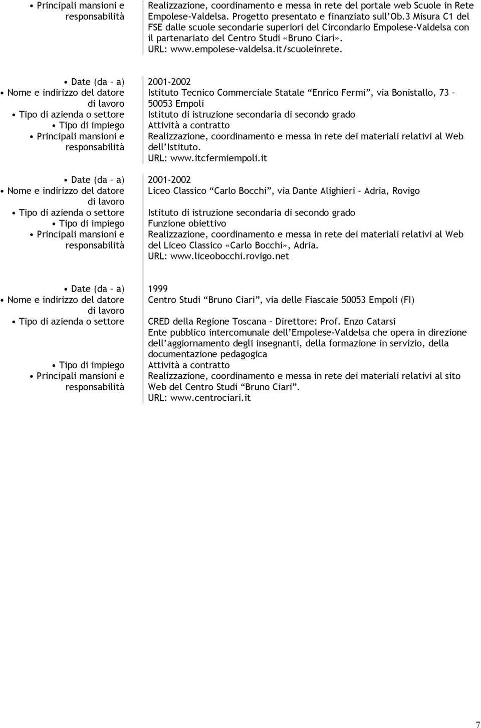 Date (da a) 2001-2002 Nome e indirizzo del datore Istituto Tecnico Commerciale Statale Enrico Fermi, via Bonistallo, 73 50053 Empoli Tipo di azienda o settore Istituto di istruzione secondaria di