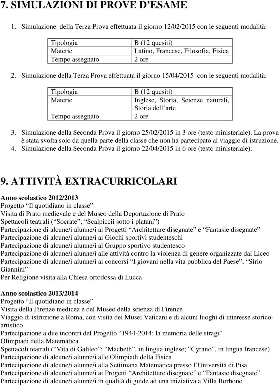 Simulazione della Terza Prova effettuata il giorno 15/04/2015 con le seguenti modalità: Tipologia Materie Tempo assegnato B (12 quesiti) Inglese, Storia, Scienze naturali, Storia dell arte 2 ore 3.