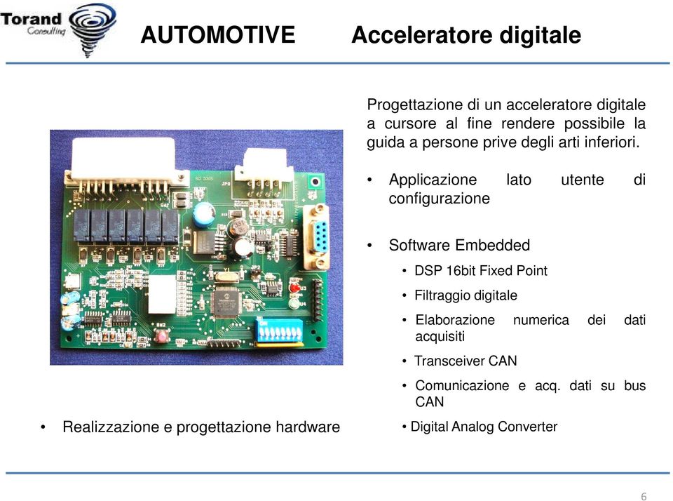 Applicazione lato utente di configurazione Realizzazione e progettazione hardware Software Embedded DSP