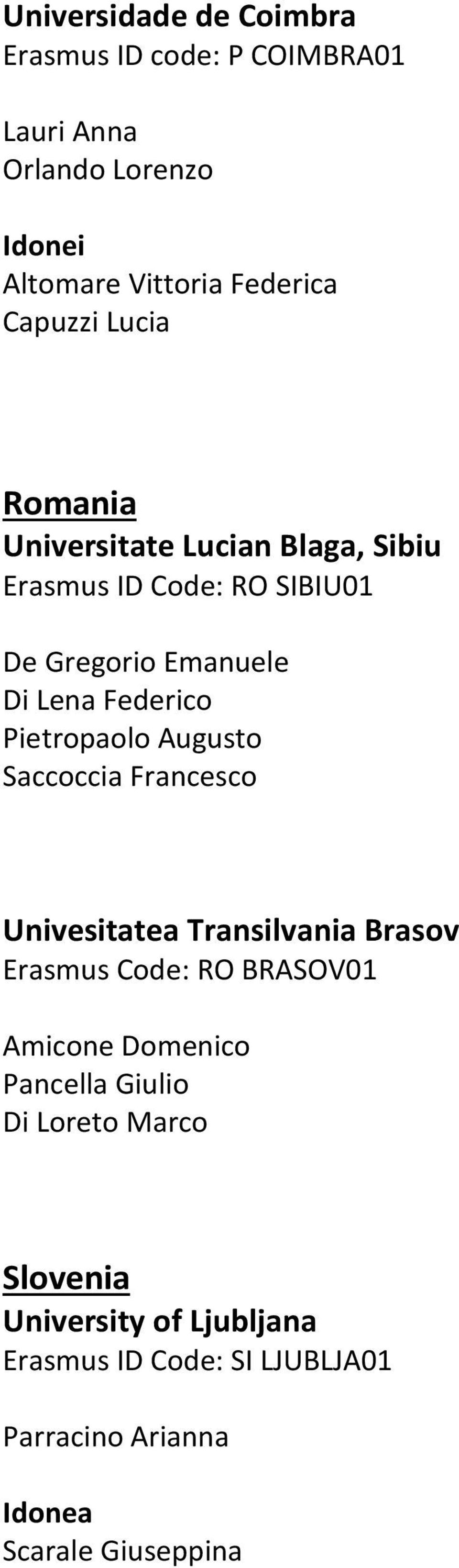 Augusto Saccoccia Francesco Univesitatea Transilvania Brasov Erasmus Code: RO BRASOV01 Amicone Domenico Pancella Giulio