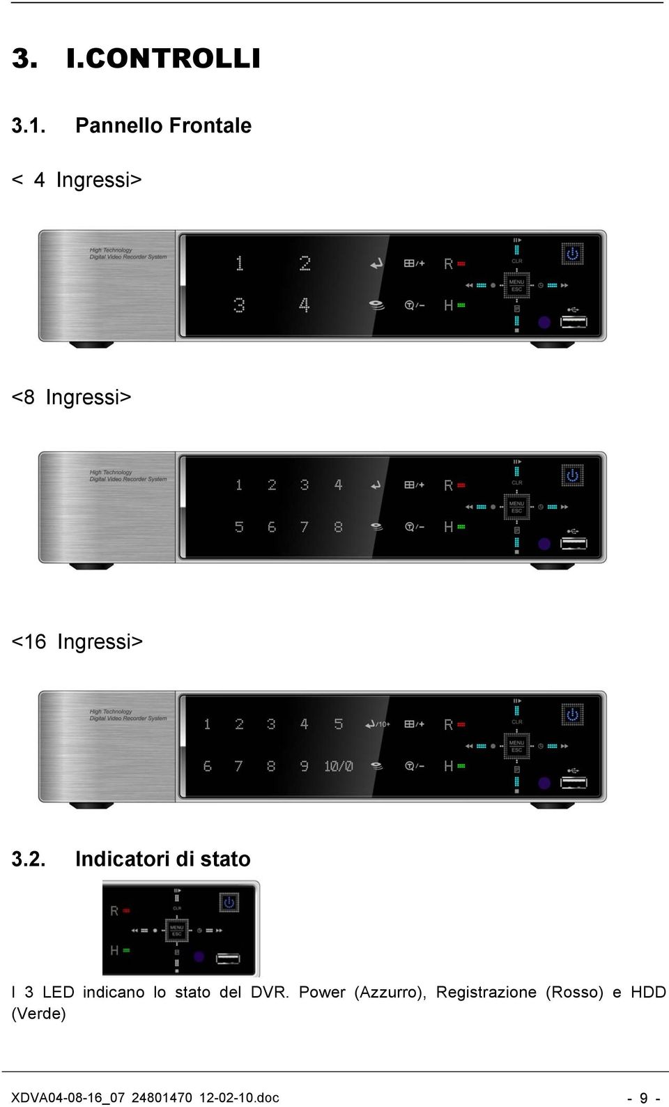 3.2. Indicatori di stato I 3 LED indicano lo stato del DVR.