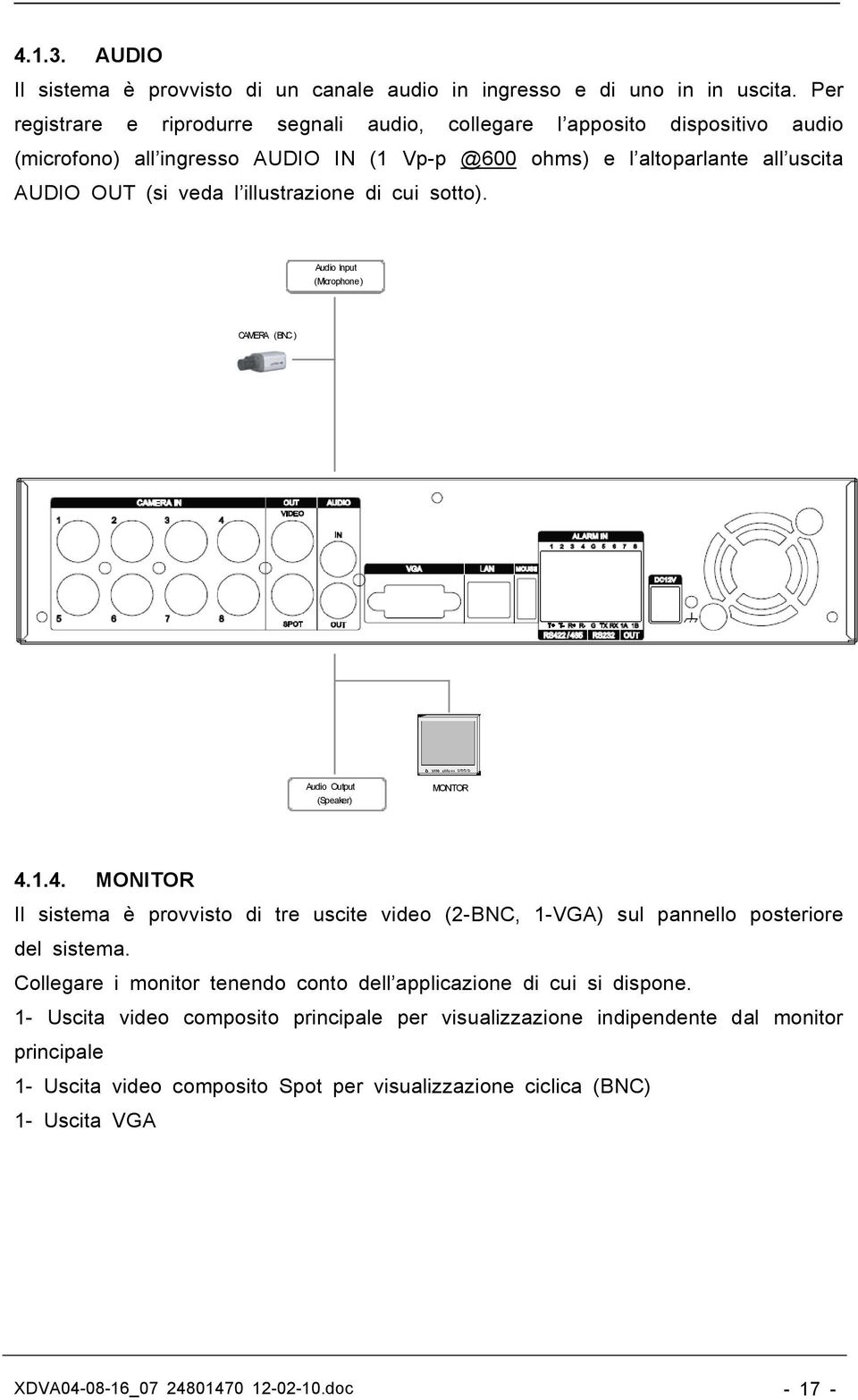 illustrazione di cui sotto). Audio Input (Microphone) CAMERA (BNC) Audio Output (Speaker) MONITOR 4.