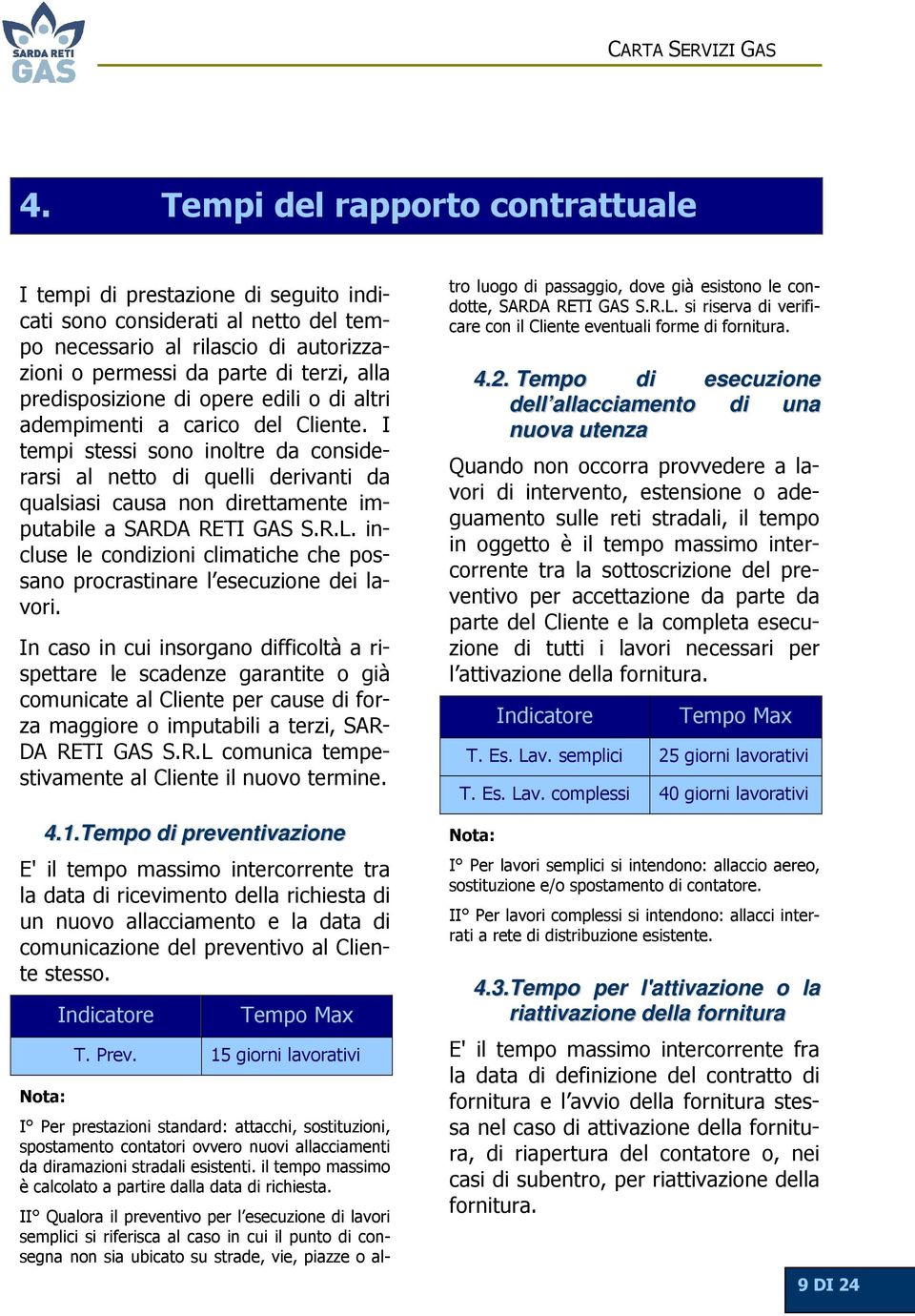 I tempi stessi sono inoltre da considerarsi al netto di quelli derivanti da qualsiasi causa non direttamente imputabile a SARDA RETI GAS S.R.L.