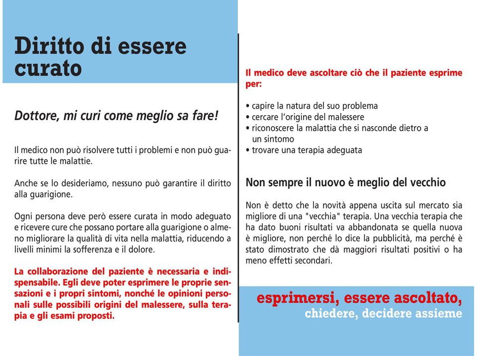 Ogni persona deve però essere curata in modo adeguato e ricevere cure che possano portare alla guarigione o almeno migliorare la qualità di vita nella malattia, riducendo a livelli minimi la