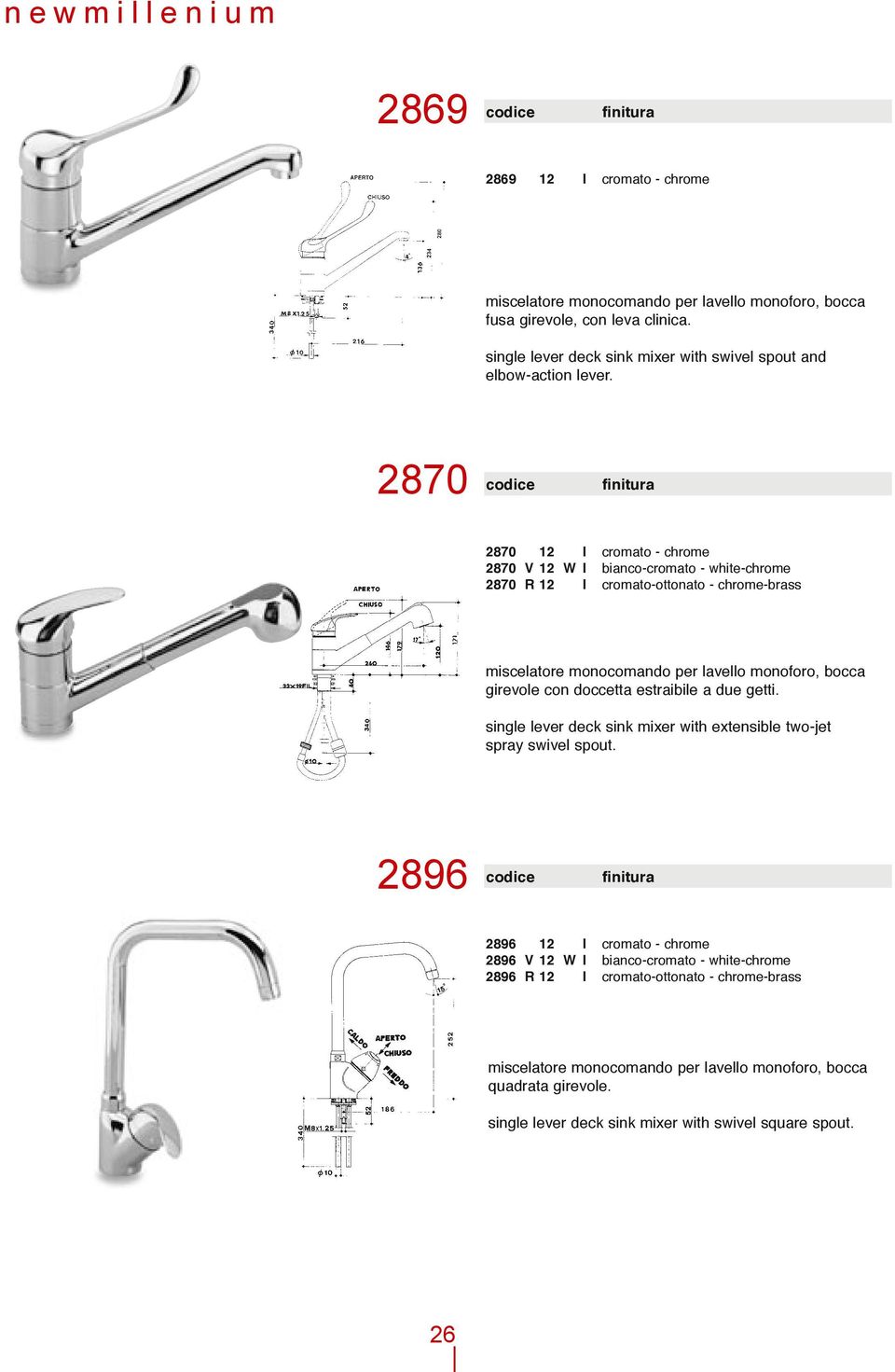 2870 2870 12 I cromato - chrome 2870 V 12 W I bianco-cromato - white-chrome 2870 R 12 I cromato-ottonato - chrome-brass girevole con doccetta