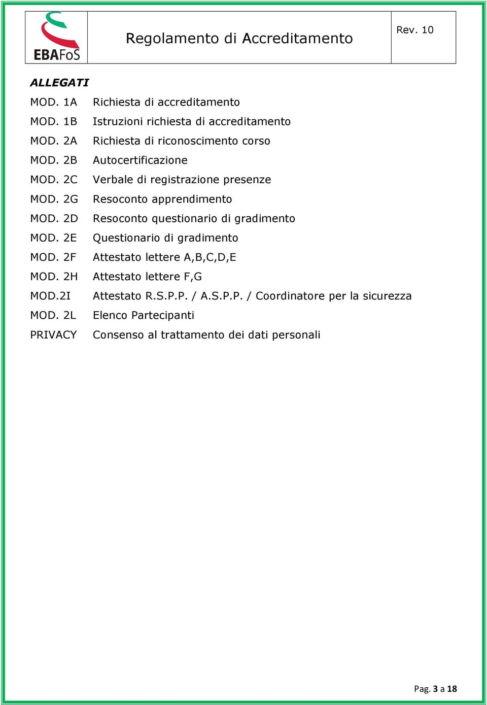 2G Resoconto apprendimento MOD. 2D Resoconto questionario di gradimento MOD. 2E Questionario di gradimento MOD.