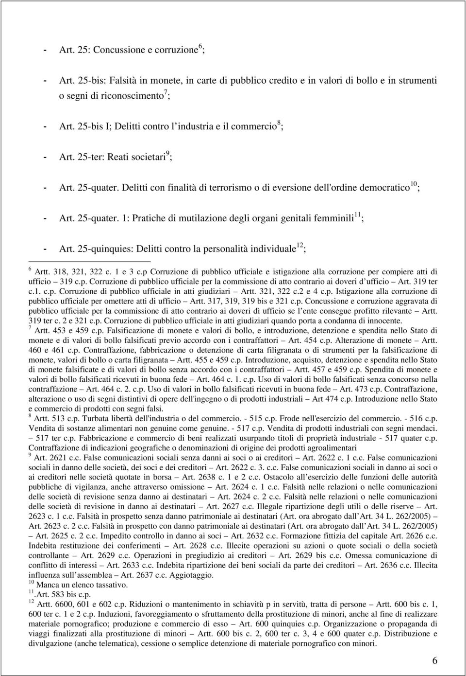 25-quater. 1: Pratiche di mutilazione degli organi genitali femminili 11 ; - Art. 25-quinquies: Delitti contro la personalità individuale 12 ; 6 Artt. 318, 321, 322 c. 1 e 3 c.