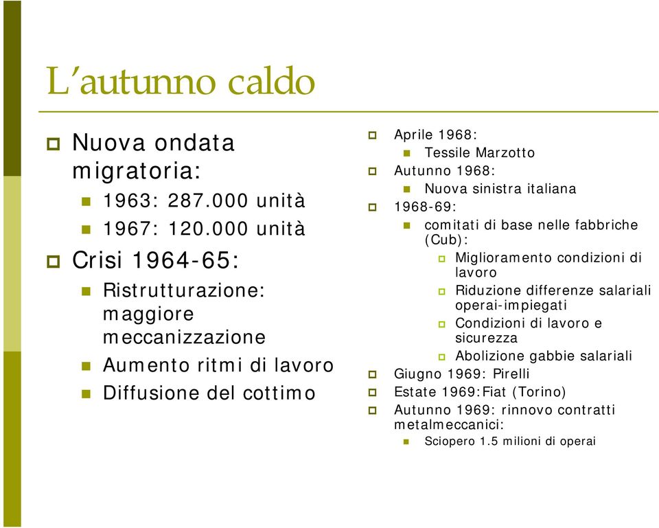 Marzotto Autunno 1968: Nuova sinistra italiana 1968-69: comitati di base nelle fabbriche (Cub): Miglioramento condizioni di lavoro Riduzione