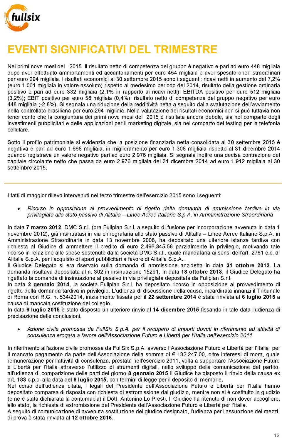 061 migliaia in valore assoluto) rispetto al medesimo periodo del 2014, risultato della gestione ordinaria positivo e pari ad euro 332 migliaia (2,1% in rapporto ai ricavi netti); EBITDA positivo per