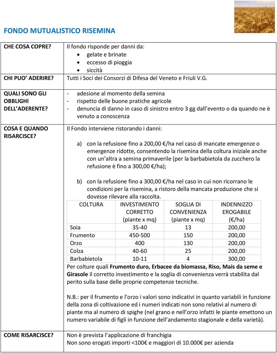 - adesione al momento della semina - rispetto delle buone pratiche agricole - denuncia di danno in caso di sinistro entro 3 gg dall evento o da quando ne è venuto a conoscenza Il Fondo interviene