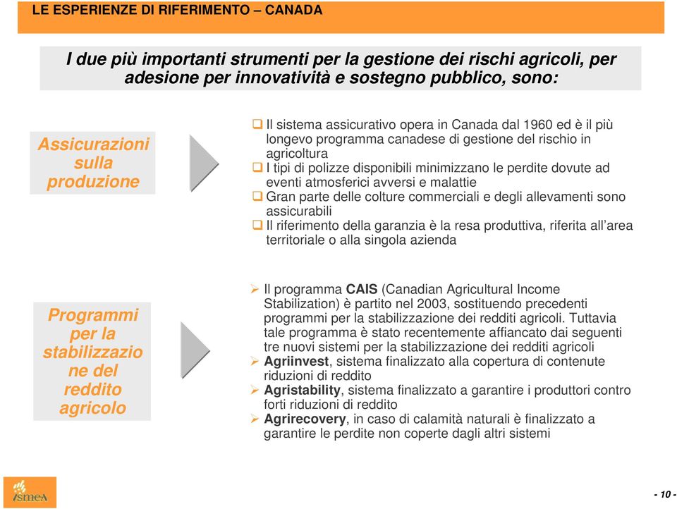 atmosferici avversi e malattie Gran parte delle colture commerciali e degli allevamenti sono assicurabili Il riferimento della garanzia è la resa produttiva, riferita all area territoriale o alla