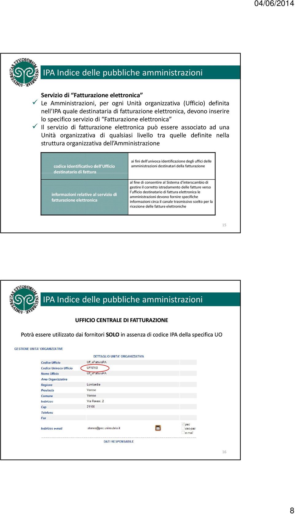 Amministrazione codice identificativo dell Ufficio destinatario di fattura informazioni relative al servizio di fatturazione elettronica ai fini dell univoca identificazione degli uffici delle