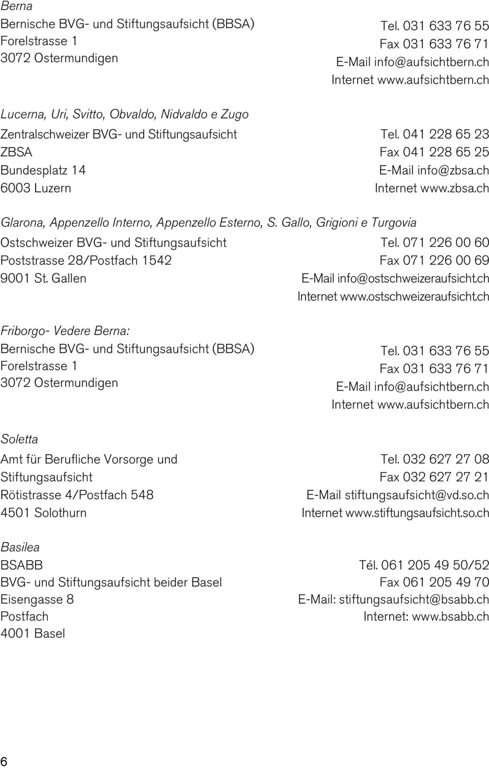ch Internet www.zbsa.ch Glarona, Appenzello Interno, Appenzello Esterno, S. Gallo, Grigioni e Turgovia Ostschweizer BVG- und Stiftungsaufsicht Poststrasse 28/Postfach 1542 9001 St. Gallen Tel.