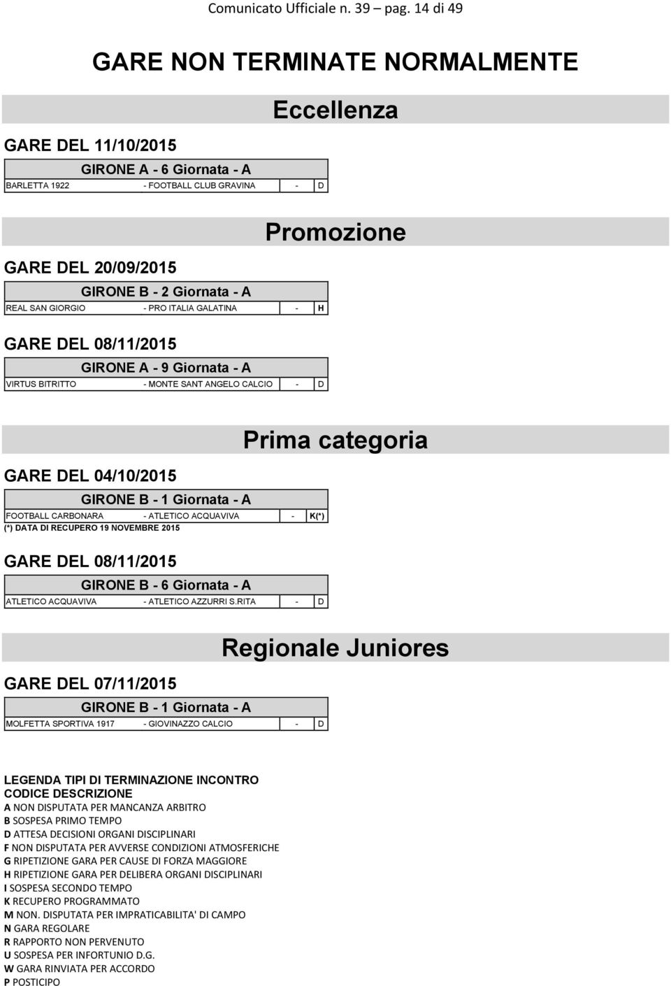 GIORGIO - PRO ITALIA GALATINA - H Promozione GARE DEL 08/11/2015 GIRONE A - 9 Giornata - A VIRTUS BITRITTO - MONTE SANT ANGELO CALCIO - D GARE DEL 04/10/2015 GIRONE B - 1 Giornata - A FOOTBALL