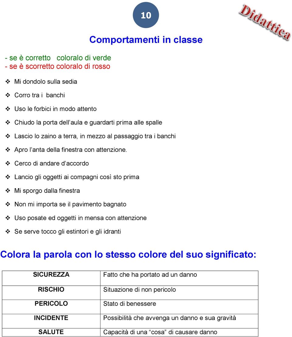 Cerco di andare d accordo Lancio gli oggetti ai compagni così sto prima Mi sporgo dalla finestra Non mi importa se il pavimento bagnato Uso posate ed oggetti in mensa con attenzione Se serve tocco