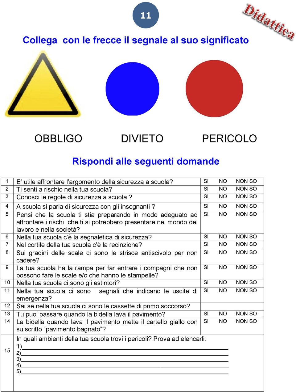 SI NO NON SO 5 Pensi che la scuola ti stia preparando in modo adeguato ad SI NO NON SO affrontare i rischi che ti si potrebbero presentare nel mondo del lavoro e nella società?