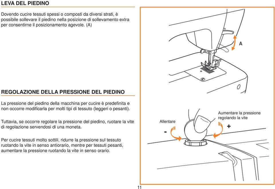 (A) REGOLAZIONE DELLA PRESSIONE DEL PIEDINO La pressione del piedino della macchina per cucire è predefi nita e non occorre modifi carla per molti tipi di tessuto (leggeri o pesanti).