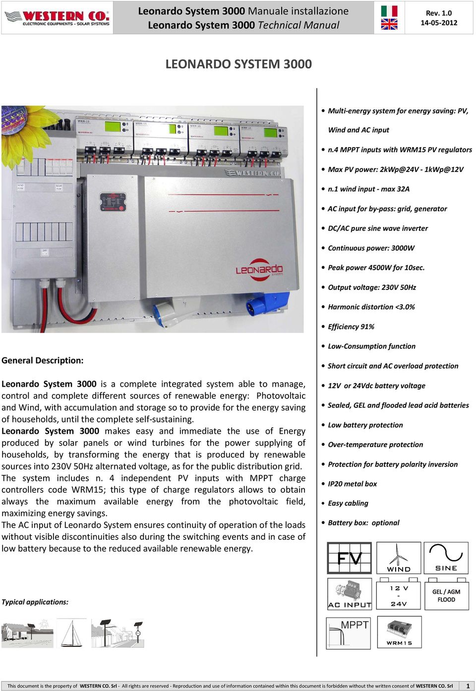 0% Efficiency 91% General Description: Leonardo System 3000 is a complete integrated system able to manage, control and complete different sources of renewable energy: Photovoltaic and Wind, with