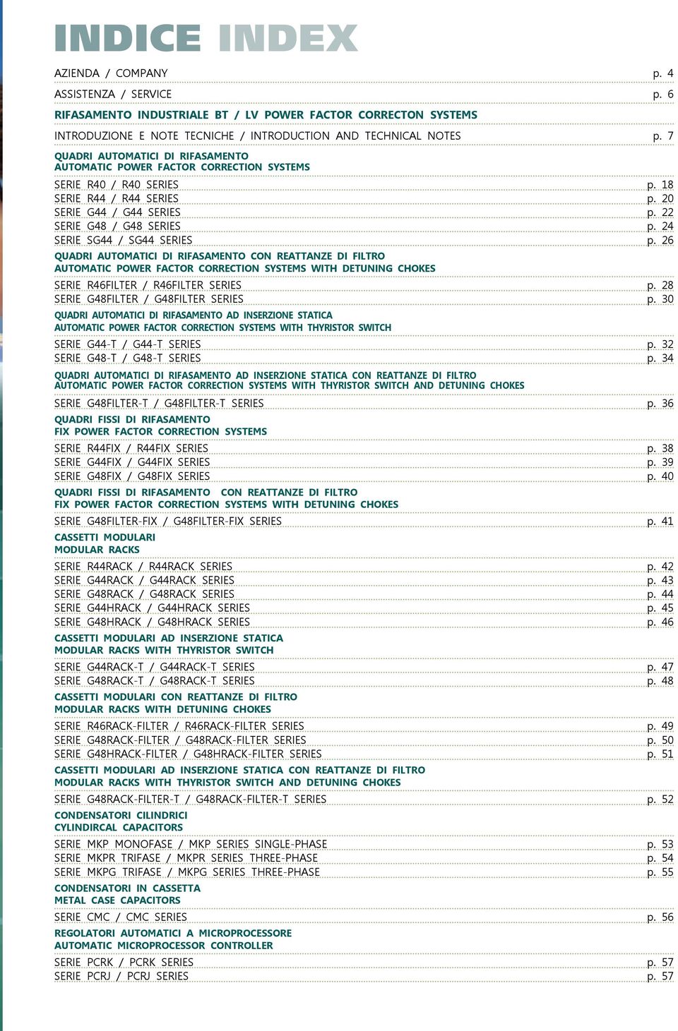 24 Serie SG44 / sg44 Series p. 26 Quadri Automatici di Rifasamento con Reattanze di Filtro Automatic Power Factor Correction Systems with Detuning Chokes Serie R46Filter / R46Filter Series p.