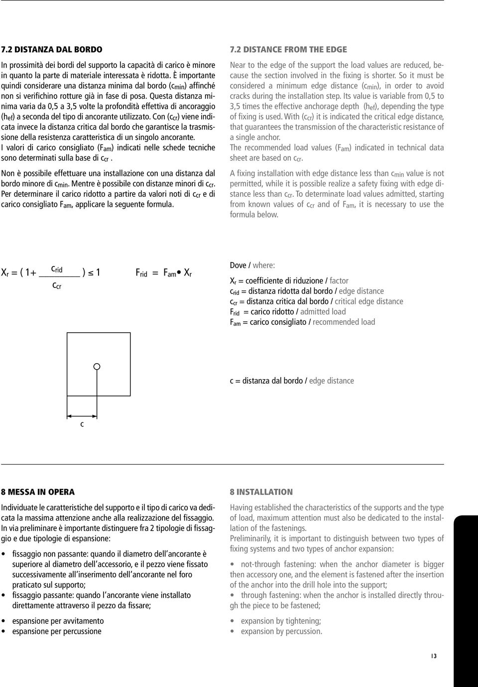 Questa distanza minima varia da 0,5 a 3,5 volte la profondità effettiva di ancoraggio (hef) a seconda del tipo di ancorante utilizzato.