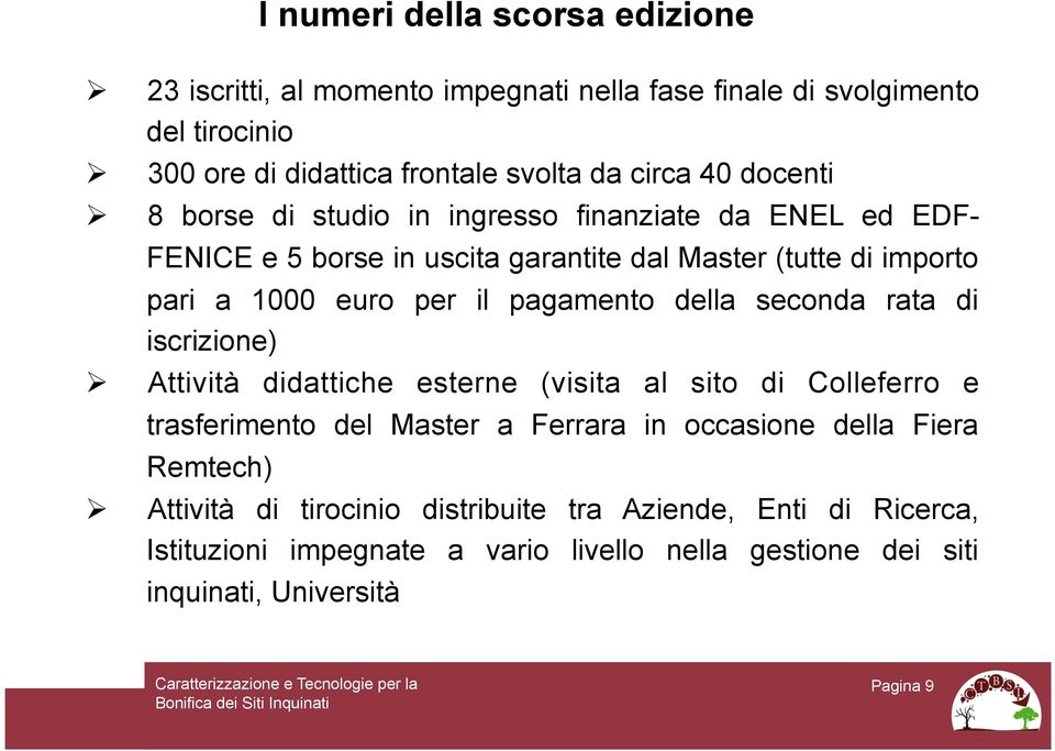 pagamento della seconda rata di iscrizione) Attività didattiche esterne (visita al sito di Colleferro e trasferimento del Master a Ferrara in occasione della