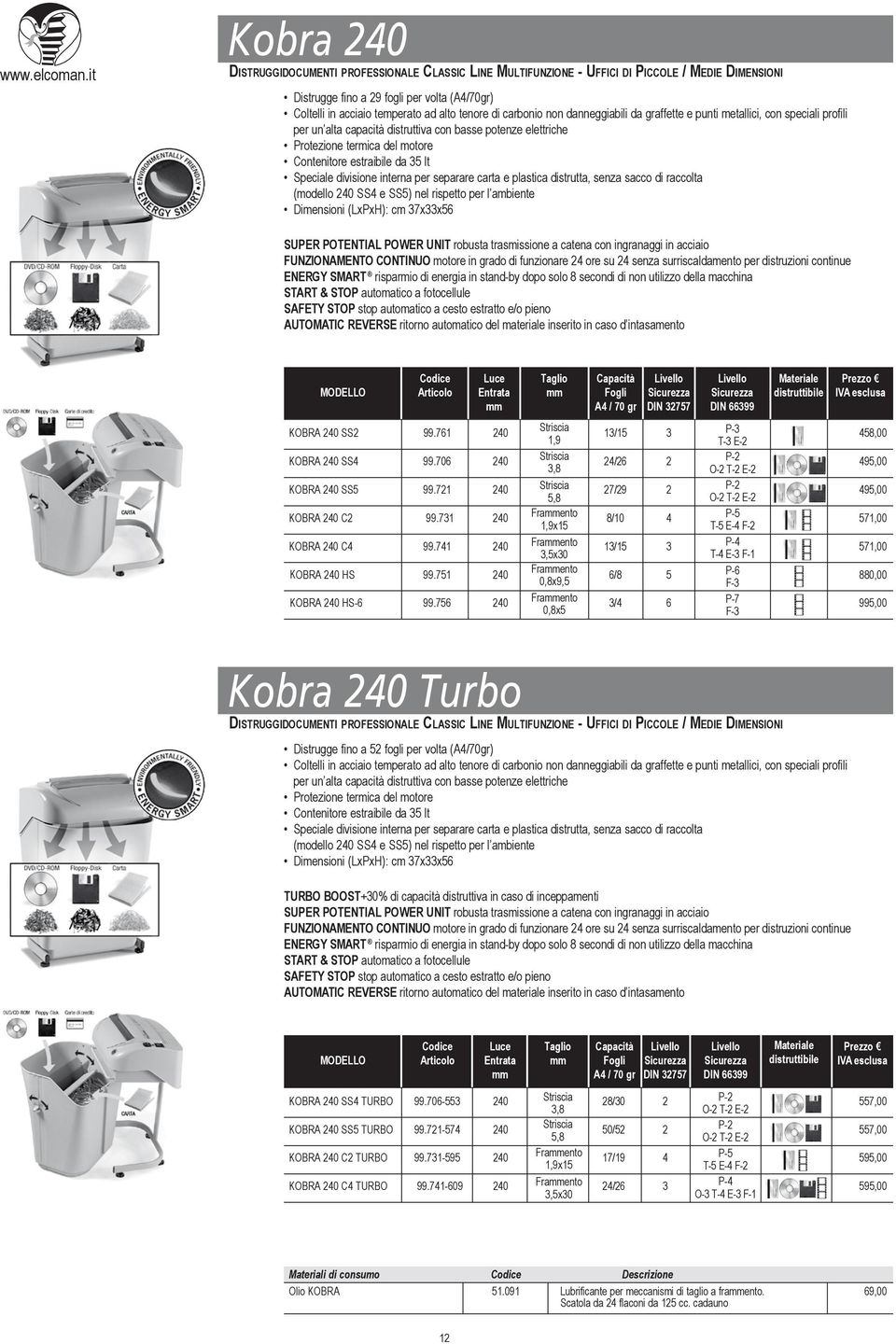 interna per separare carta e plastica distrutta, senza sacco di raccolta (modello 240 SS4 e SS5) nel rispetto per l ambiente Dimensioni (LxPxH): cm 37x33x56 ENERGY SMART risparmio di energia in