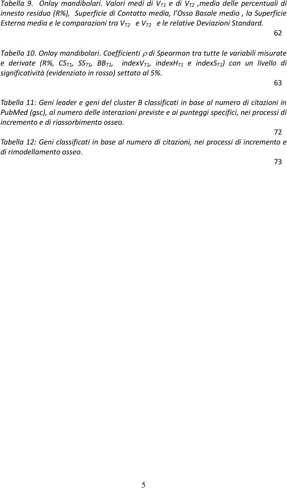 relative Deviazioni Standard. 62 Tabella 10. Onlay mandibolari.