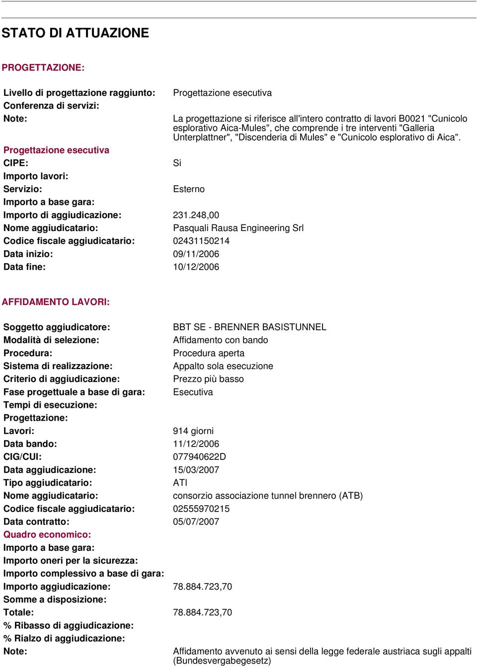 248,00 Pasquali Rausa Engineering Srl Codice fiscale aggiudicatario: 02431150214 Data inizio: 09/11/2006 Data fine: 10/12/2006 La progettazione si riferisce all'intero contratto di lavori B0021