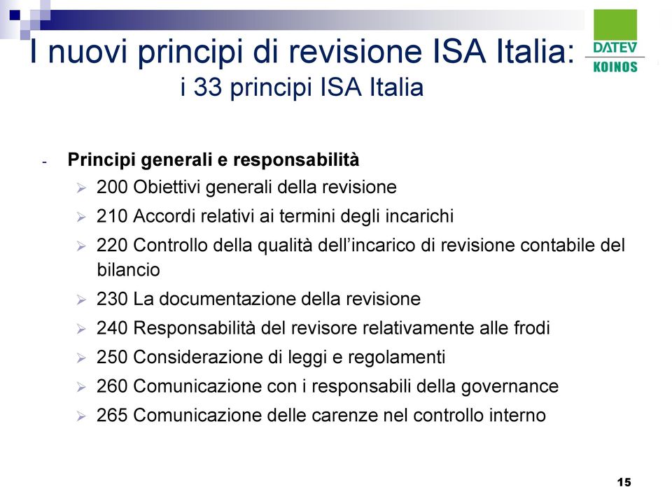 La documentazione della revisione 240 Responsabilità del revisore relativamente alle frodi 250 Considerazione di leggi