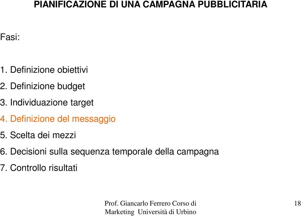 Individuazione target 4. Definizione del messaggio 5.