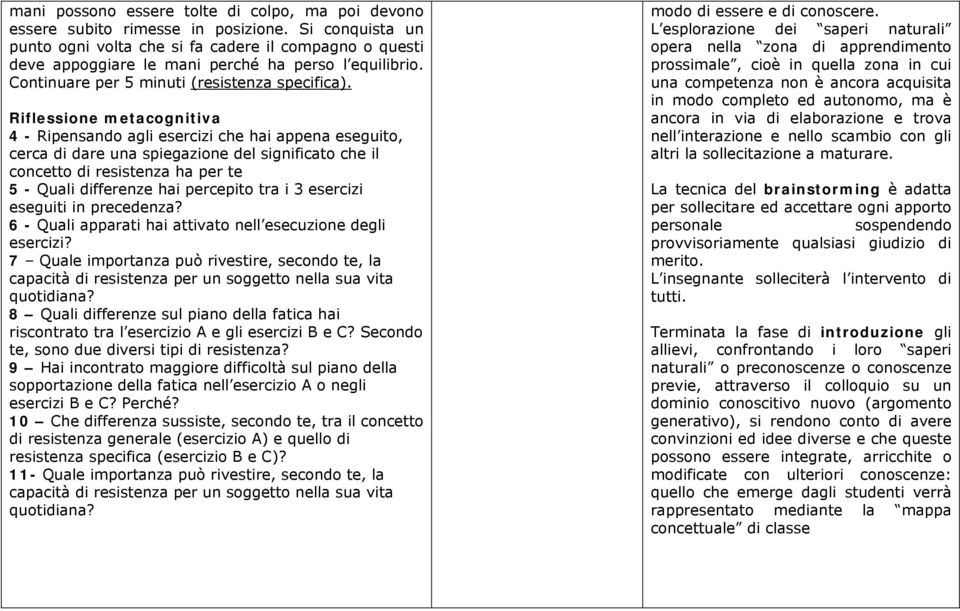 Riflessione metacognitiva 4 - Ripensando agli esercizi che hai appena eseguito, cerca di dare una spiegazione del significato che il concetto di resistenza ha per te 5 - Quali differenze hai