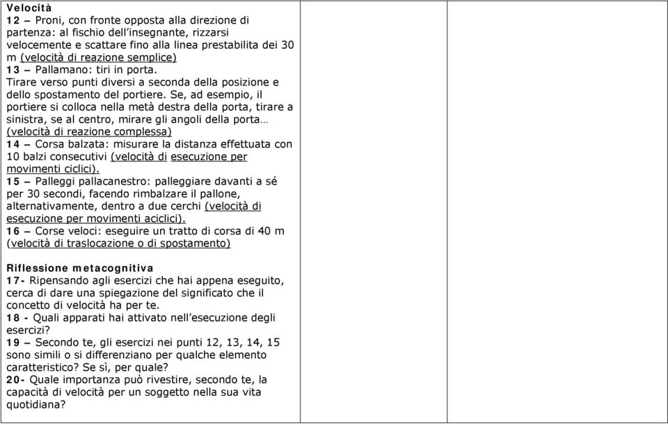 Se, ad esempio, il portiere si colloca nella metà destra della porta, tirare a sinistra, se al centro, mirare gli angoli della porta (velocità di reazione complessa) 14 Corsa balzata: misurare la