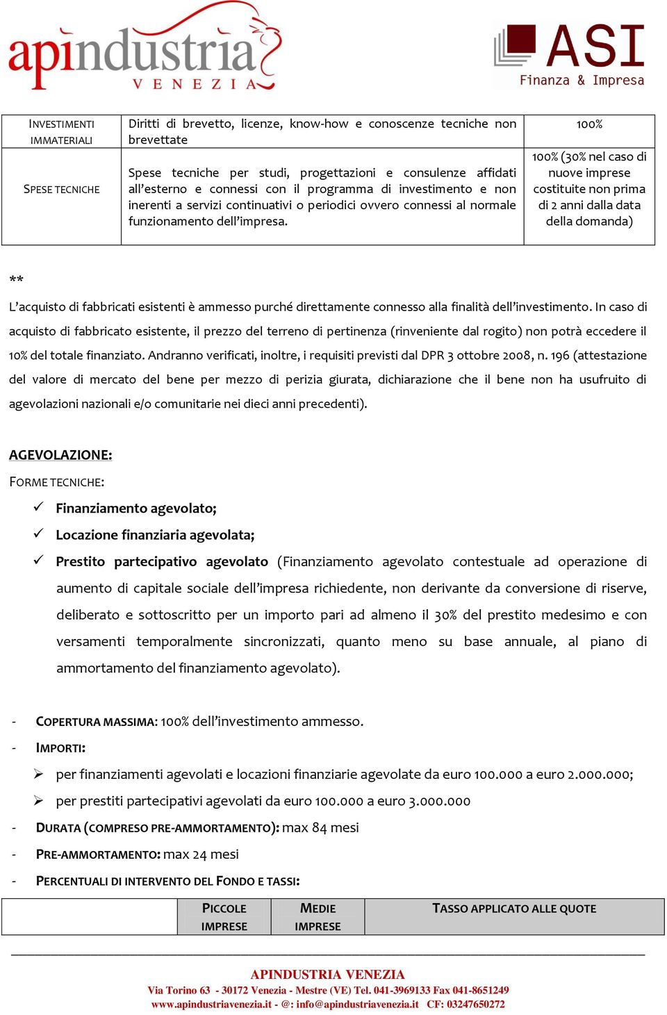 100% 100% (30% nel caso di nuove imprese costituite non prima di 2 anni dalla data della domanda) ** L acquisto di fabbricati esistenti è ammesso purché direttamente connesso alla finalità dell