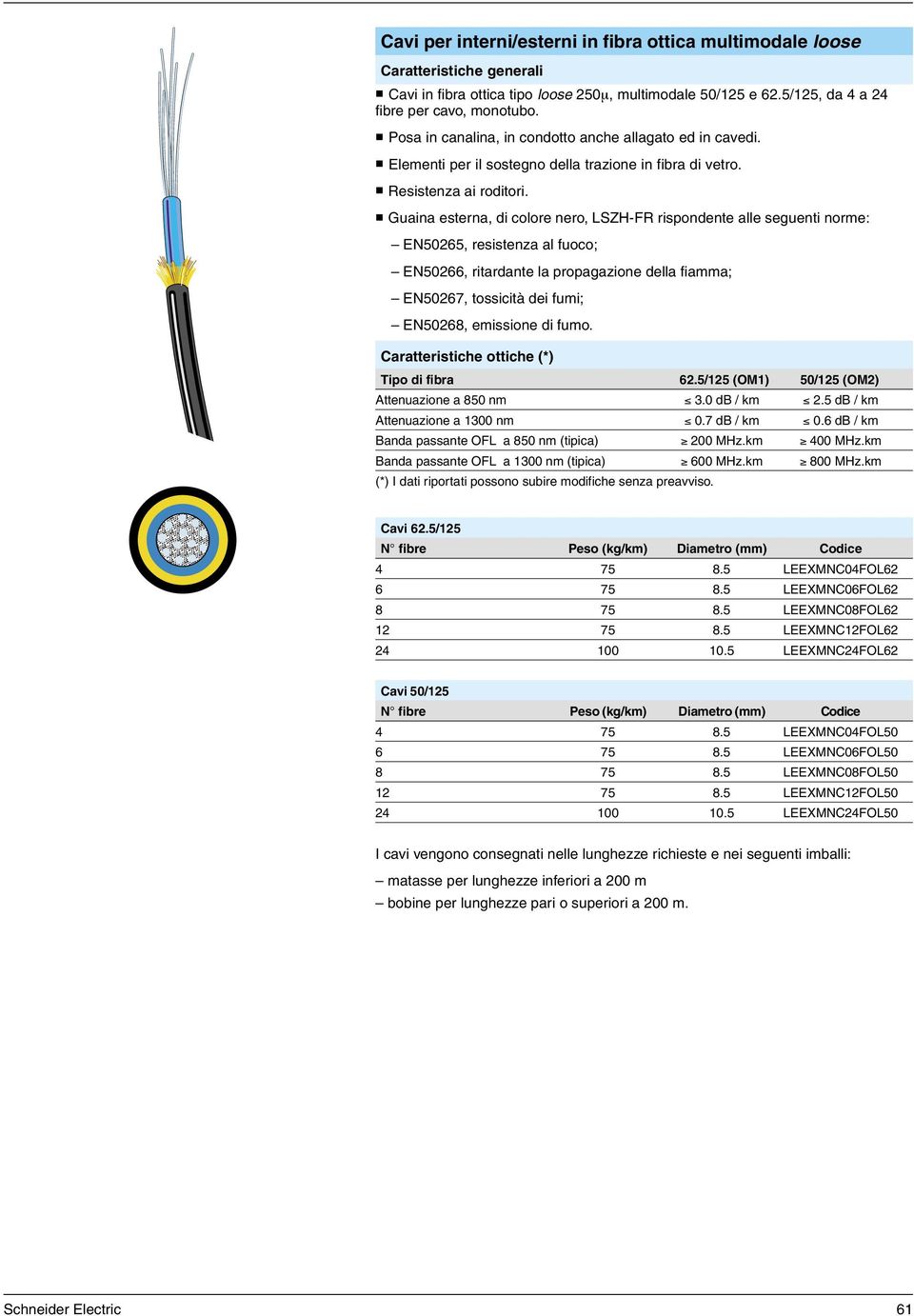 Guaina esterna, di colore nero, LSZH-FR rispondente alle seguenti norme: EN50265, resistenza al fuoco; EN50266, ritardante la propagazione della fiamma; EN50267, tossicità dei fumi; EN50268,