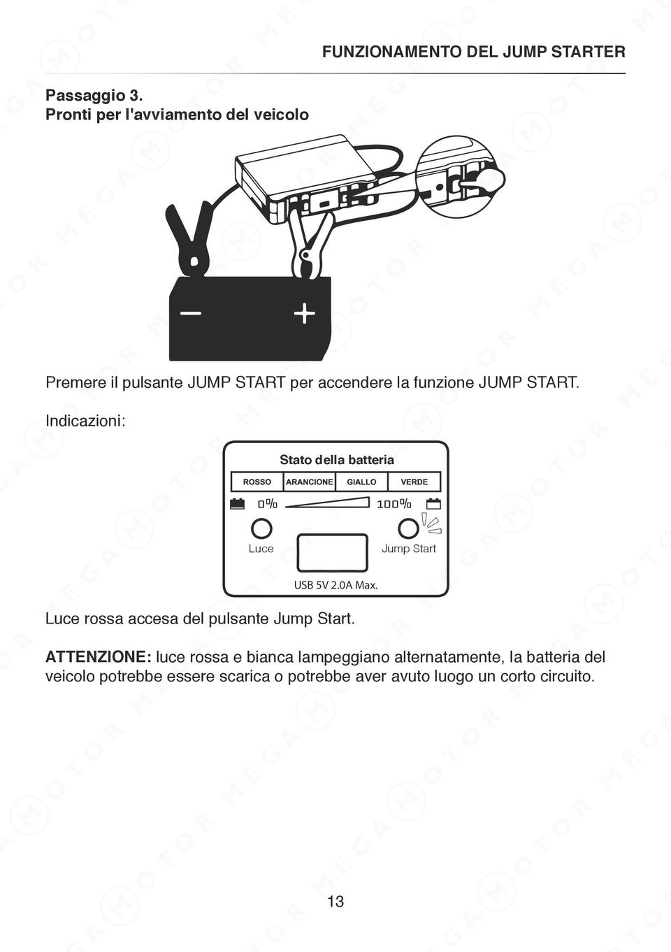 funzione JUMP START. Indicazioni: USB 5V 2.0A Max. rossa accesa del pulsante.